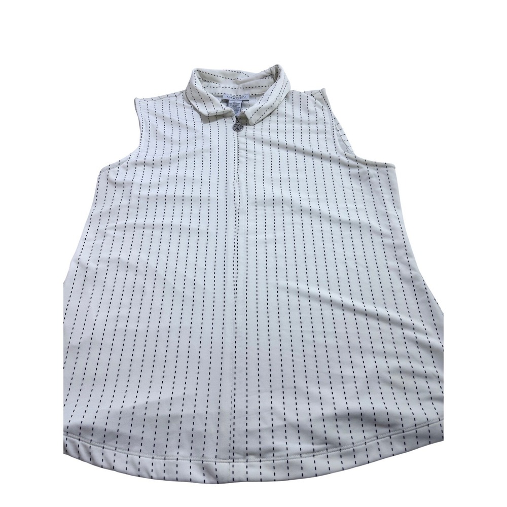 Carmen Marc Valvo Golf Polo Top Large White Black Stripe Sleeveless Quarter Zip